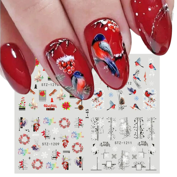 Winter Wonderland Nail Art Stickers with Snowflakes, Cute Santa, Snowman, and Winter Birds for Festive Manicure Decoration - 4pcs Set of Water Transfer Sliders and Temporary Tattoos