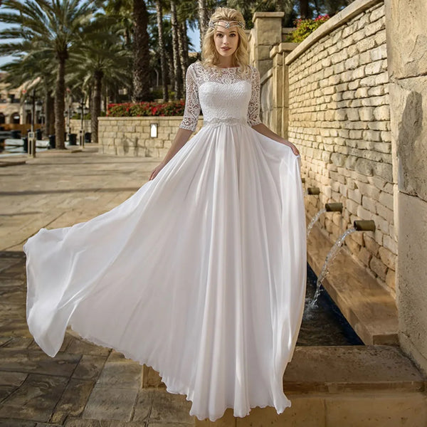 Boho Wedding Dress Chiffon Backless Lace Applique A Line Half Sleeve Perfect for Beach Weddings