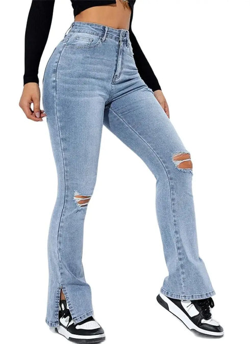 Winter Women's High Waist Ripped Leg Slit Jeans - Fashionable Slim Fit Stretch Denim Straight Legs Casual Trousers for All Season Outfits and Styling Ideas