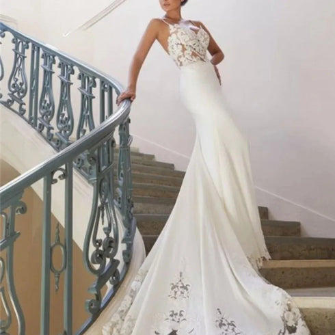 V-Neck Mermaid Backless Dress With Appliques And Floor-Length Gown For Beach Weddings Wedding Dress