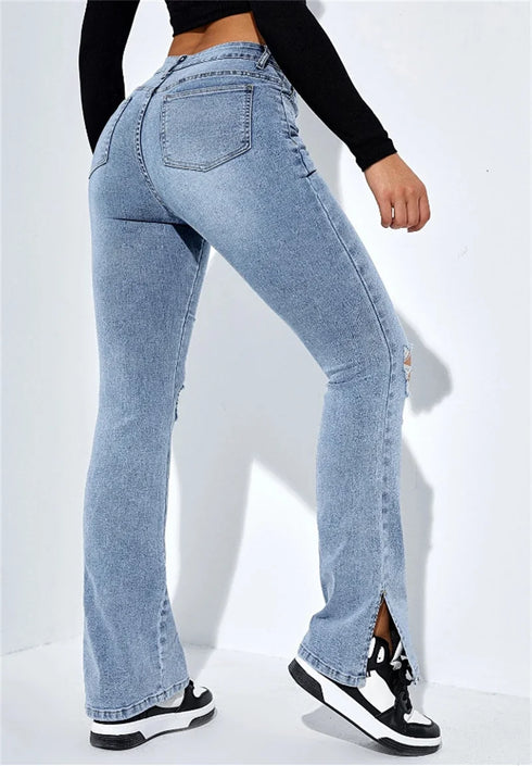 Winter Women's High Waist Ripped Leg Slit Jeans - Fashionable Slim Fit Stretch Denim Straight Legs Casual Trousers for All Season Outfits and Styling Ideas