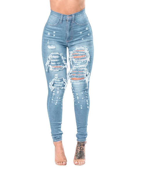 Autumn 2023 Women's High Waist Ripped Skinny Jeans - Trendy Casual Denim Pencil Pants for Fall Outfits with Jeans, Available in S-3XL
