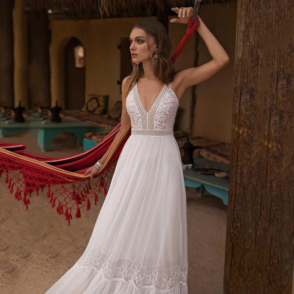 Beach Wedding Dress Backless V-Neck Sleeveless Chiffon Lace Appliques Floor-Length Gown Elegant