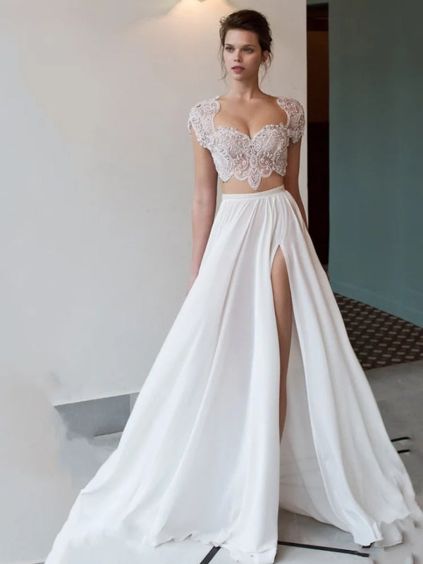 Boho Chiffon A Line Wedding Dress With Side Split Sleeveless Sweetheart Neck Beach Gown