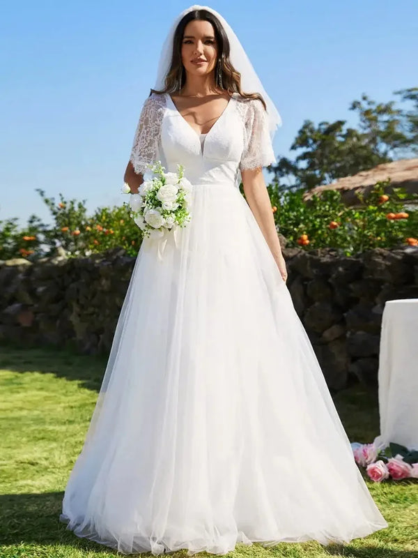 Boho Wedding Dress A Line Lace Appliques V Neck Short Sleeve Floor Length Beach Wedding Dress