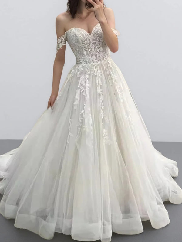Boho Off Shoulder Sweetheart A-Line Wedding Dress With Appliques Floor Length Corset Back