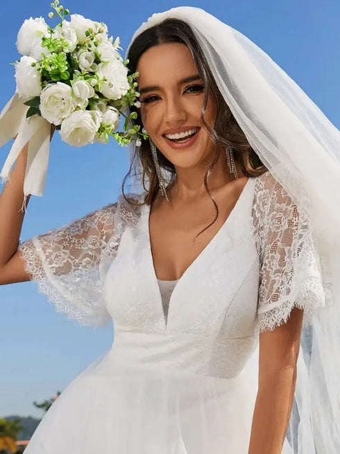 Boho Wedding Dress A Line Lace Appliques V Neck Short Sleeve Floor Length Beach Wedding Dress
