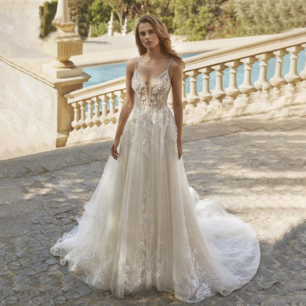 Boho Spaghetti Strap A Line Backless V Neck Wedding Dress With Lace Appliques Floor Length Custom Made