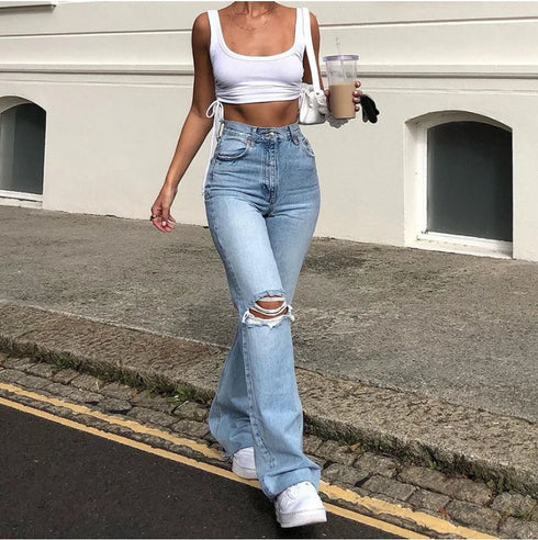 High Waist Ripped Boot Cut Jeans For Women Casual Trousers