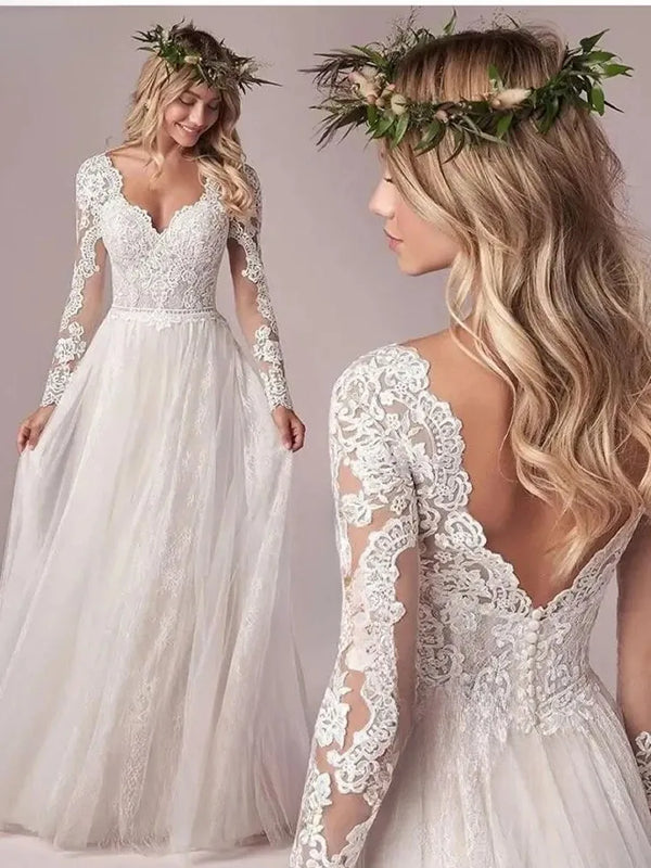 Boho Wedding Dress Backless Corset A Line Lace Appliques With Long Sleeves For Outdoor Weddings