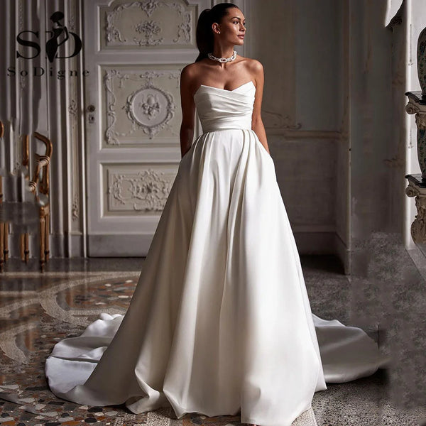 SoDigne Church Simple A Line Wedding Gown For Women Pleats Bride Dress