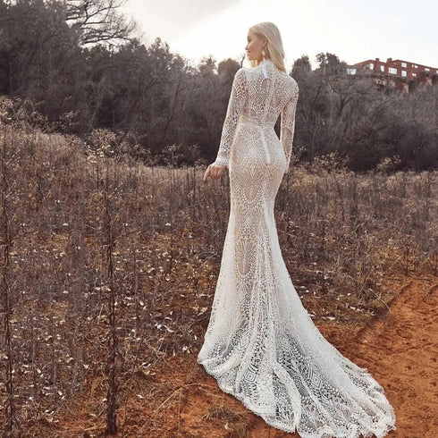 Embroidered Lace Wedding Dress High Collar Long Sleeve Mermaid Dresses Vintage Button Sweep Train