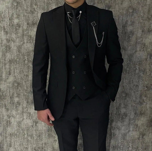 Black Luxury Men's Suits Elegant Slim Fit Blazer Three-Piece