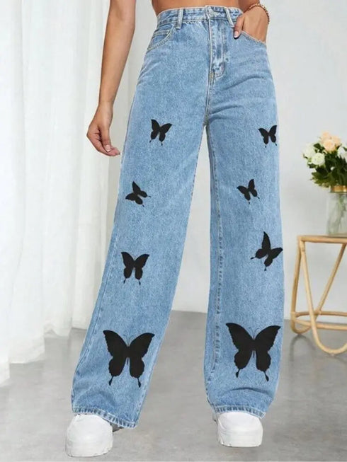 Fall Trousers High Waist Butterfly Print Y2K Jeans Casual Fashion Loose Denim Pants