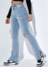 Winter Women's High Waist Ripped Leg Slit Jeans - Fashionable Slim Fit Stretch Denim Straight Legs Casual Trousers for All Season Outfits and Styling Ideas