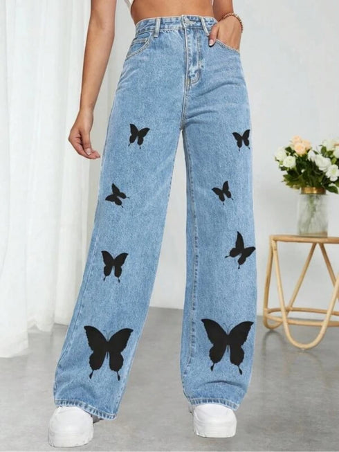 Fall Trousers High Waist Butterfly Print Y2K Jeans Casual Fashion Loose Denim Pants