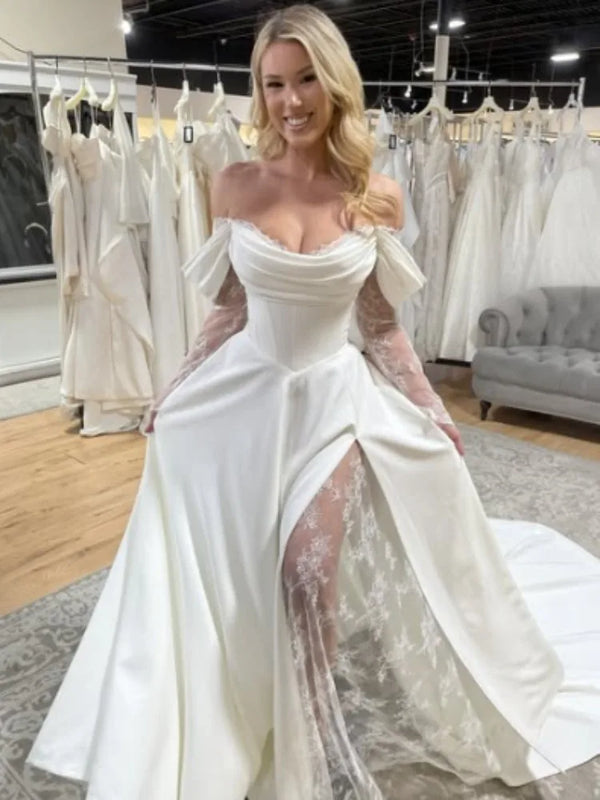 Boho A-Line Off-Shoulder Wedding Dress With Lace Backless Side Split Floor-Length