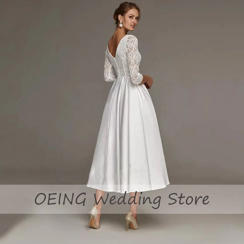 Short Wedding Dress Lace V Neck 3/4 Sleeves A Line Midi Gown