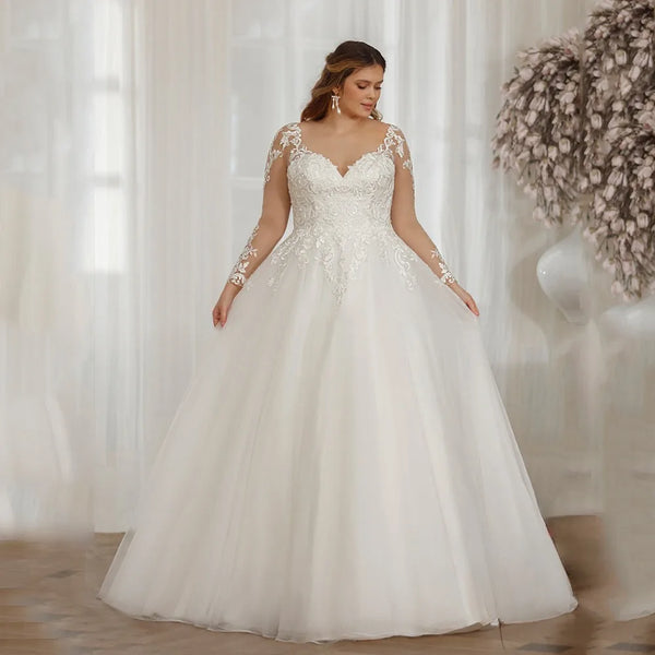 Backless V Neck Wedding Dress For Plus Size With Long Sleeves And Appliques Floor Length Vintage Gown