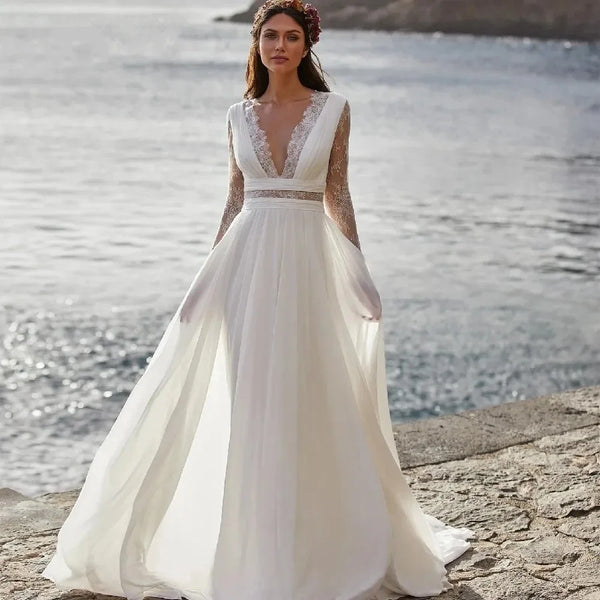 Boho A Line Wedding Dress With V Neck Lace Button Back Floor Length Long Sleeves