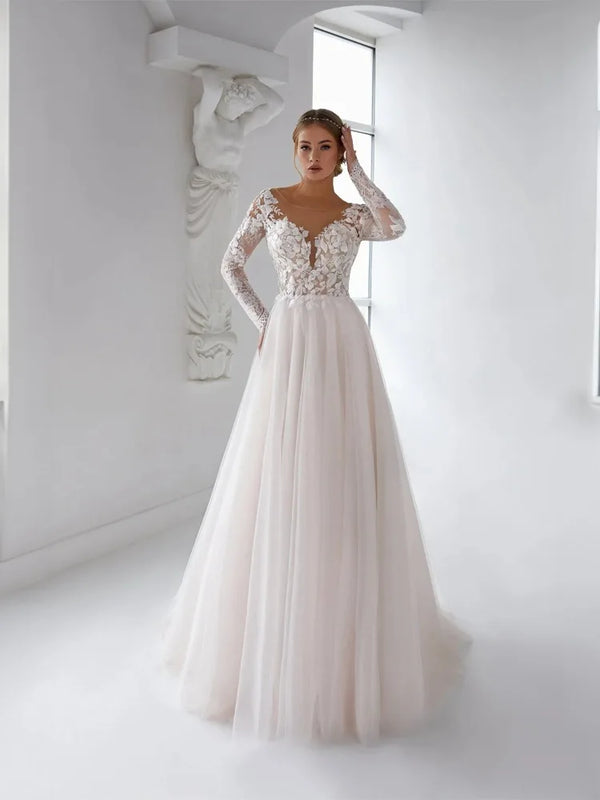 Boho Sheer O Neck Wedding Dress With Appliques And Illusion Long Sleeves Backless A Line Bridal Gown