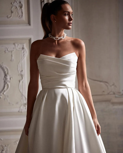 SoDigne Church Simple A Line Wedding Gown For Women Pleats Bride Dress