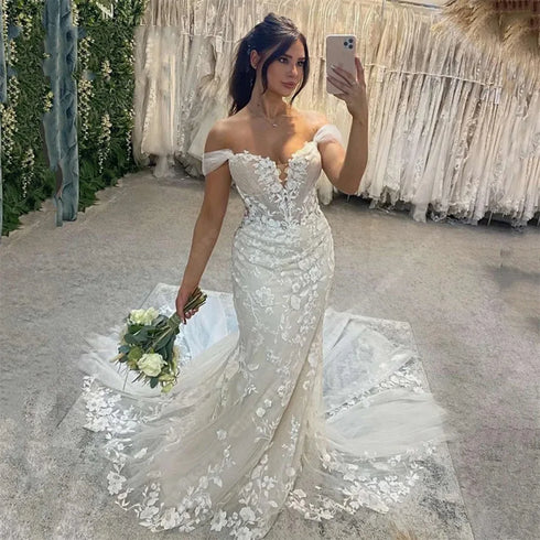 Off The Shoulder Mermaid Wedding Dresses for Bride Appliques