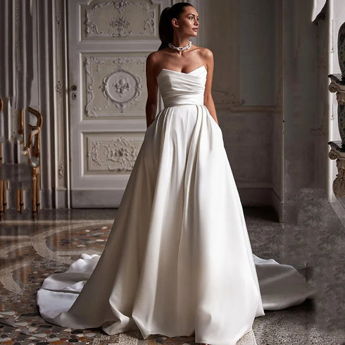 SoDigne Church Simple A Line Wedding Gown For Women Pleats Bride Dress
