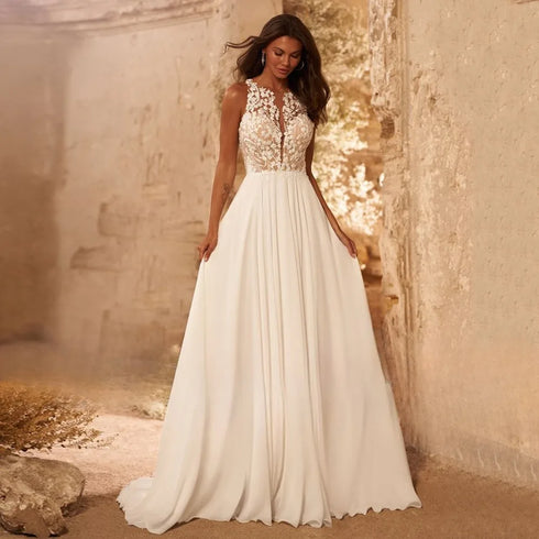 Beach Wedding Dress A Line Bridal Gown With Illusion Back Sleeveless Sheer Appliques And Lace