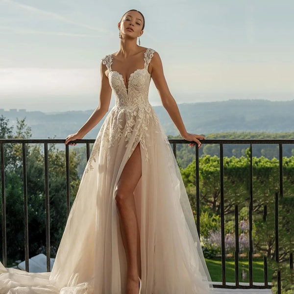 Boho V Neck Dress With Backless Illusion A Line Silhouette Side Split Bridal Gown Wedding Dress