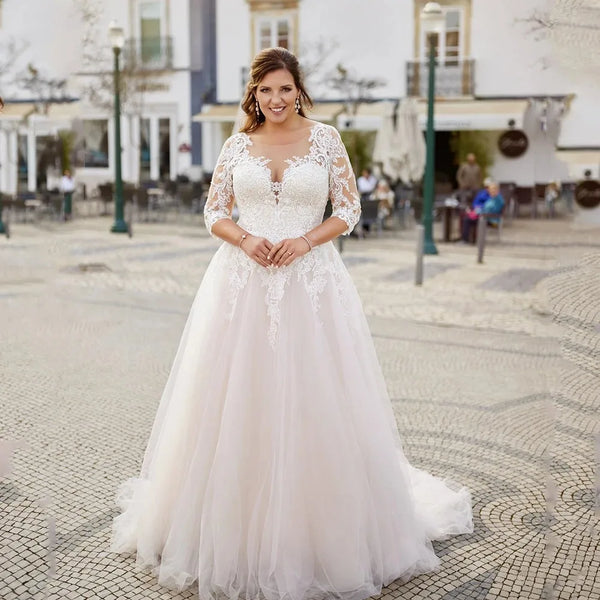Boho Plus Size Wedding Dress With Sheer O-Neck Three-Quarter Sleeves Appliques Tulle A-Line Bridal Gown