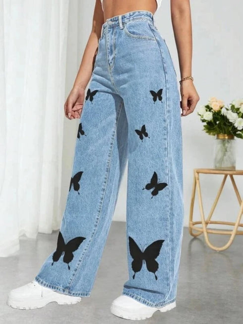 Fall Trousers High Waist Butterfly Print Y2K Jeans Casual Fashion Loose Denim Pants