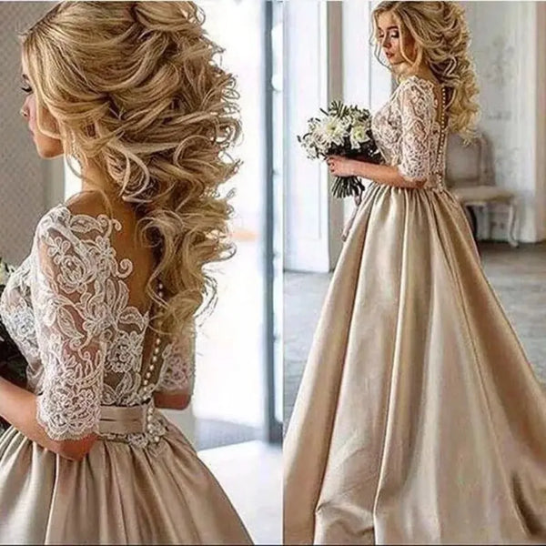 Boho A-Line Wedding Dress With Half Sleeves And Appliques Floor Length Bridal Gown