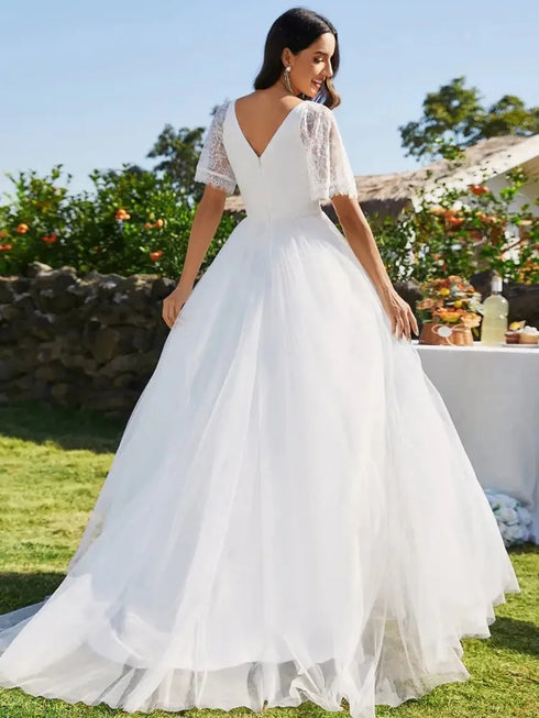 Boho Wedding Dress A Line Lace Appliques V Neck Short Sleeve Floor Length Beach Wedding Dress