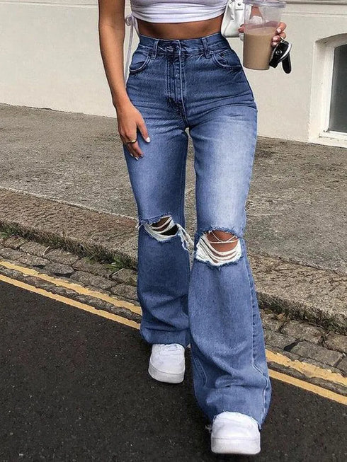 High Waist Ripped Boot Cut Jeans For Women Casual Trousers