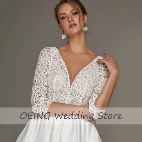 Short Wedding Dress Lace V Neck 3/4 Sleeves A Line Midi Gown
