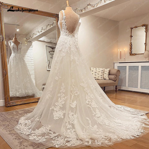 Customized Lace Appliques Beach Wedding Dress Boho Gowns