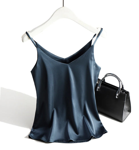 Spaghetti Strap Satin Silk Tank Top Women Sleeveless Halter V Neck Camisole Summer Casual Cami