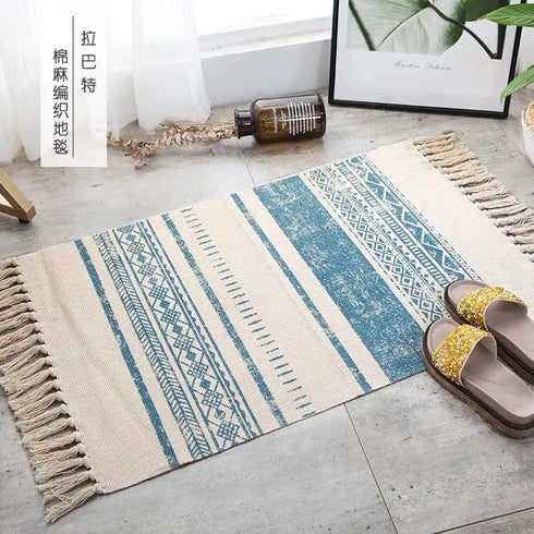 Ethnic Style Woven Linen Cotton Rectangle Rug Mat for Living Room and Bedroom Foot Pad