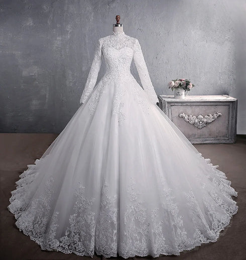 Muslim Wedding Dress Elegant High Neck Princess Bride Gown