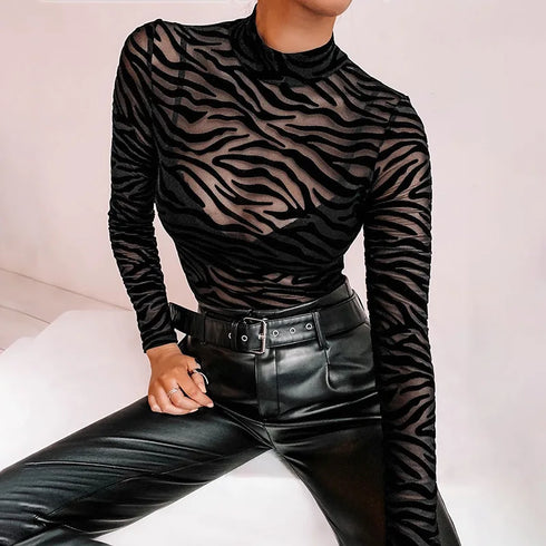 Mesh Transparent Sexy Long Sleeve Bodysuit for Women Party and Club Wear