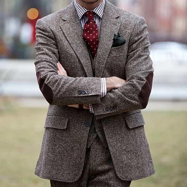 Elegant 3 Piece Tweed Wool Men's Suit - Tailored Groom Tuxedo for Weddings and Special Events