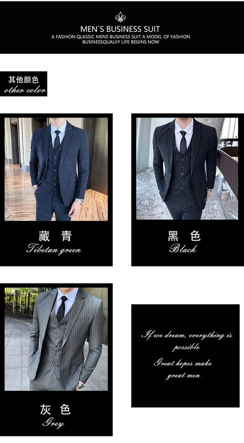 ( Jacket + Vest + Pants ) Prom Groom Tuxedos Male Wedding Suits 3Pcs Set Men's Striped Casual Business Suit
