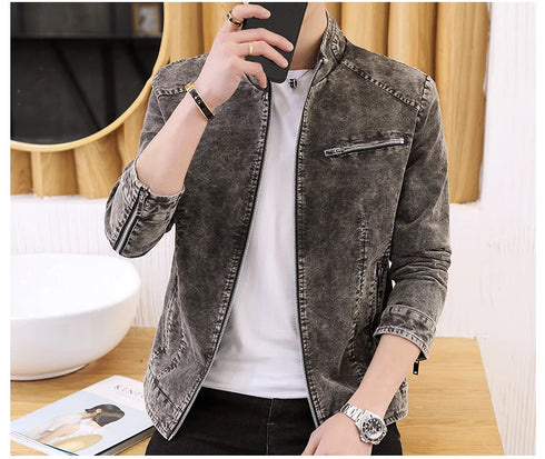 Men's Retro Motorcycle Denim Jacket with Stand Collar, Long Sleeve Zippered Casual Outerwear for Spring and Autumn Fashion