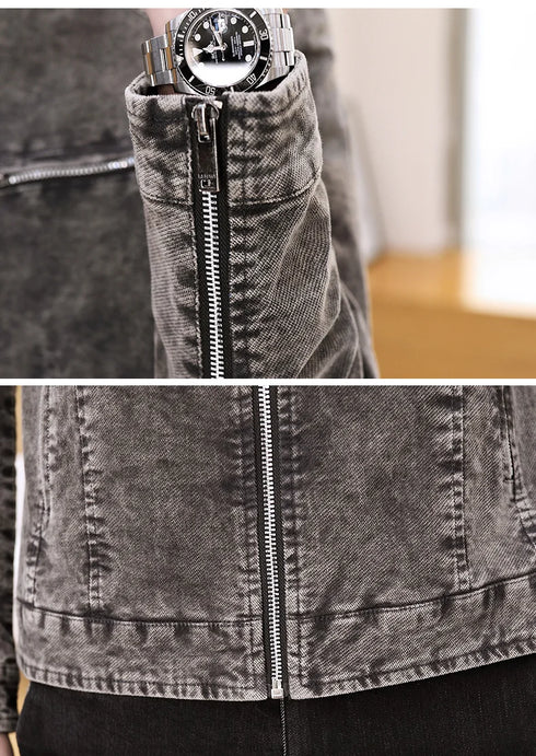 Men's Retro Motorcycle Denim Jacket with Stand Collar, Long Sleeve Zippered Casual Outerwear for Spring and Autumn Fashion