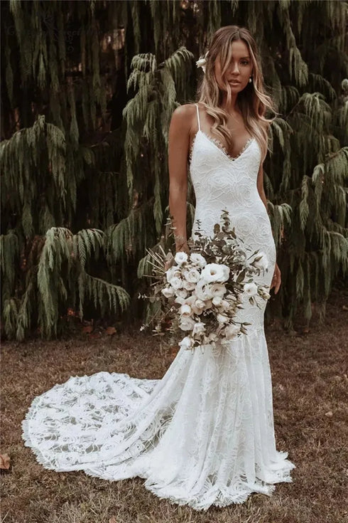 Bohemian Lace Mermaid Wedding Dress with V-Neck and Spaghetti Straps