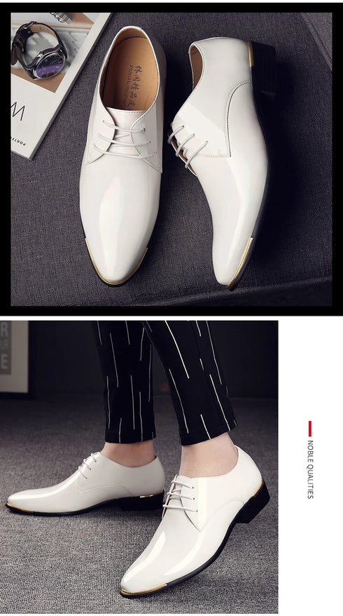 Men's Pointed Toe Patent Leather Dress Shoes - Elegant Lace-Up Styles for Weddings and Business Events