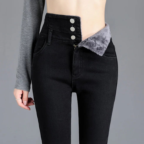 Warm High-Waist Fleece-Lined Skinny Jeans for Women - Perfect for Casual Fall Outfits and Stylish Pencil Pants Looks