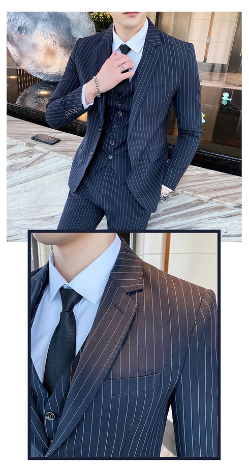 ( Jacket + Vest + Pants ) Prom Groom Tuxedos Male Wedding Suits 3Pcs Set Men's Striped Casual Business Suit