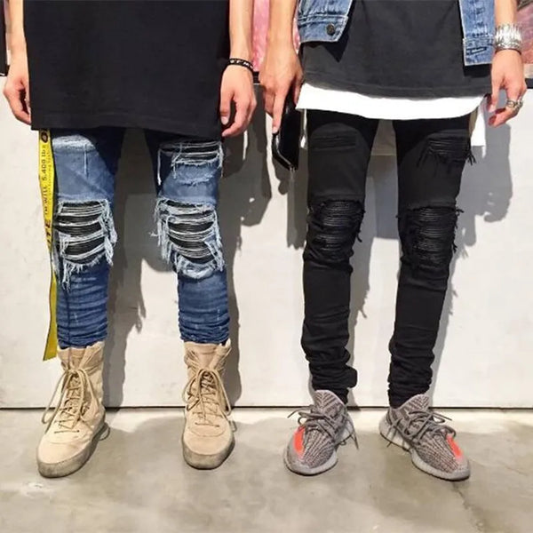 Kanye West Hole Ripped Punk Skinny Denim Jeans Trousers